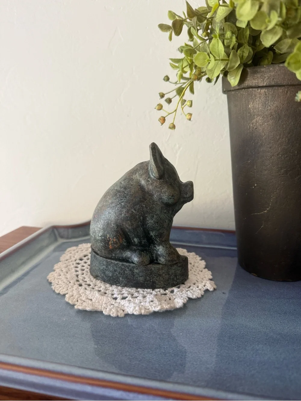 Adorable Blue & Rust Color Patina Pig Doorstop